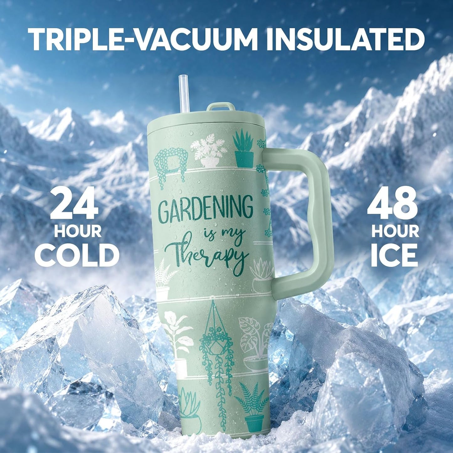 White 40oz Insulated Tumbler with Handle and Reusable Hidden Straw | Triple-wall Vacuum Insulated Stainless Steel for 48-Hour Iced, Leakproof Lid, Fits Most Car Cup Holders