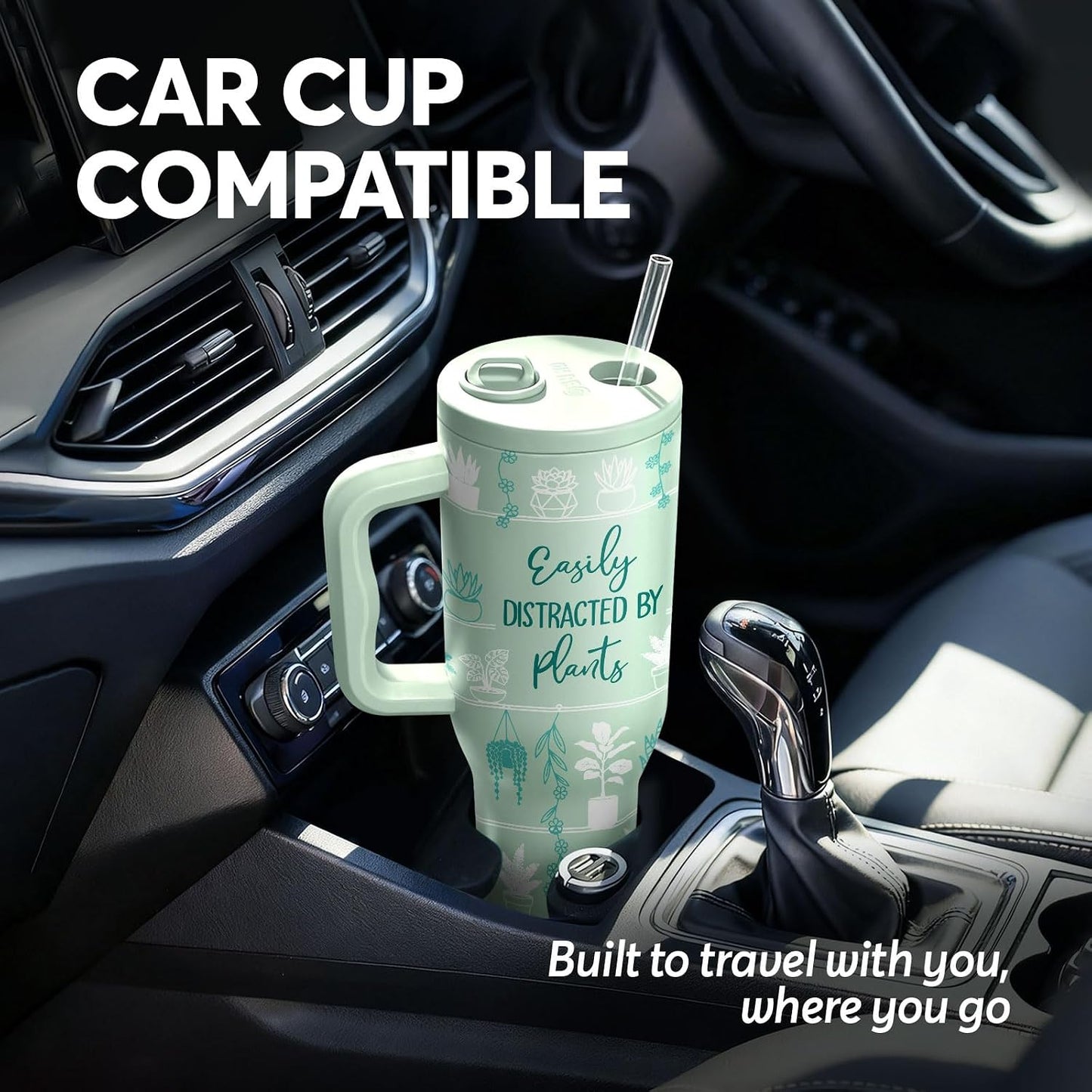 White 40oz Insulated Tumbler with Handle and Reusable Hidden Straw | Triple-wall Vacuum Insulated Stainless Steel for 48-Hour Iced, Leakproof Lid, Fits Most Car Cup Holders