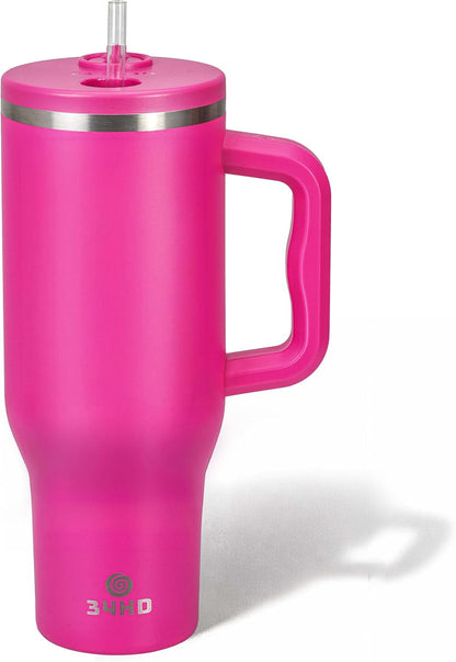 White 40oz Insulated Tumbler with Handle and Reusable Hidden Straw | Triple-wall Vacuum Insulated Stainless Steel for 48-Hour Iced, Leakproof Lid, Fits Most Car Cup Holders