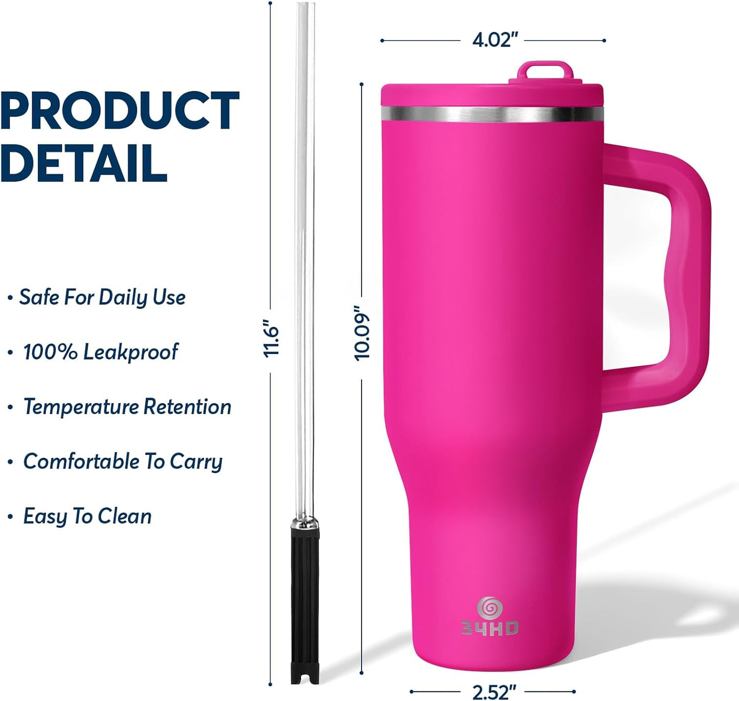 White 40oz Insulated Tumbler with Handle and Reusable Hidden Straw | Triple-wall Vacuum Insulated Stainless Steel for 48-Hour Iced, Leakproof Lid, Fits Most Car Cup Holders