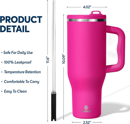 White 40oz Insulated Tumbler with Handle and Reusable Hidden Straw | Triple-wall Vacuum Insulated Stainless Steel for 48-Hour Iced, Leakproof Lid, Fits Most Car Cup Holders