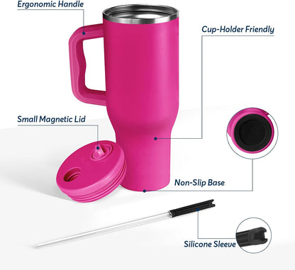 White 40oz Insulated Tumbler with Handle and Reusable Hidden Straw | Triple-wall Vacuum Insulated Stainless Steel for 48-Hour Iced, Leakproof Lid, Fits Most Car Cup Holders