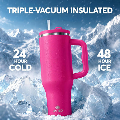 White 40oz Insulated Tumbler with Handle and Reusable Hidden Straw | Triple-wall Vacuum Insulated Stainless Steel for 48-Hour Iced, Leakproof Lid, Fits Most Car Cup Holders