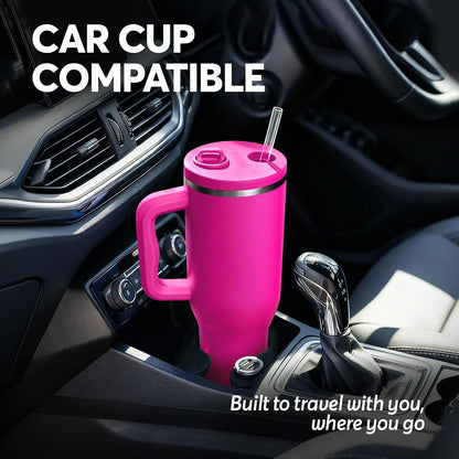 White 40oz Insulated Tumbler with Handle and Reusable Hidden Straw | Triple-wall Vacuum Insulated Stainless Steel for 48-Hour Iced, Leakproof Lid, Fits Most Car Cup Holders