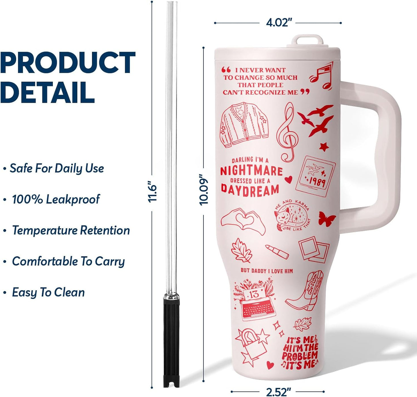 White 40oz Insulated Tumbler with Handle and Reusable Hidden Straw | Triple-wall Vacuum Insulated Stainless Steel for 48-Hour Iced, Leakproof Lid, Fits Most Car Cup Holders