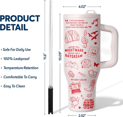 White 40oz Insulated Tumbler with Handle and Reusable Hidden Straw | Triple-wall Vacuum Insulated Stainless Steel for 48-Hour Iced, Leakproof Lid, Fits Most Car Cup Holders