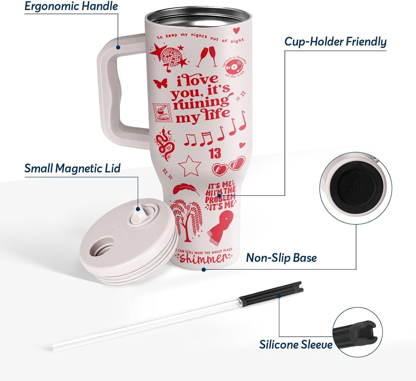 White 40oz Insulated Tumbler with Handle and Reusable Hidden Straw | Triple-wall Vacuum Insulated Stainless Steel for 48-Hour Iced, Leakproof Lid, Fits Most Car Cup Holders