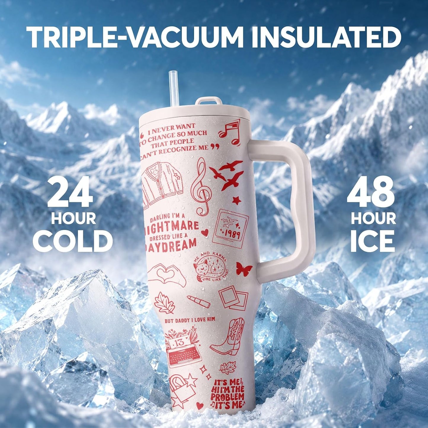 White 40oz Insulated Tumbler with Handle and Reusable Hidden Straw | Triple-wall Vacuum Insulated Stainless Steel for 48-Hour Iced, Leakproof Lid, Fits Most Car Cup Holders