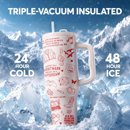 White 40oz Insulated Tumbler with Handle and Reusable Hidden Straw | Triple-wall Vacuum Insulated Stainless Steel for 48-Hour Iced, Leakproof Lid, Fits Most Car Cup Holders