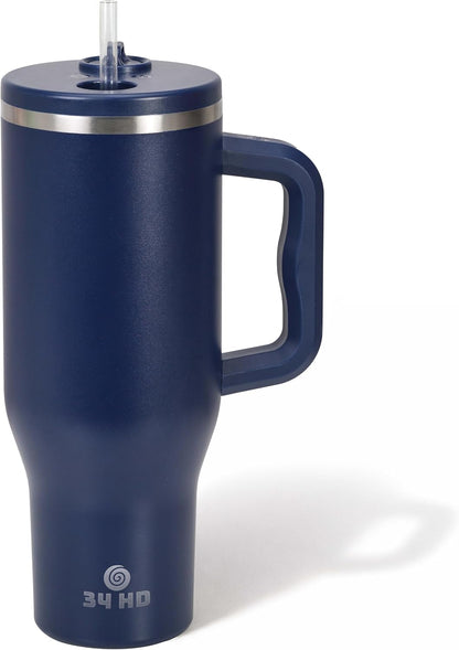 White 40oz Insulated Tumbler with Handle and Reusable Hidden Straw | Triple-wall Vacuum Insulated Stainless Steel for 48-Hour Iced, Leakproof Lid, Fits Most Car Cup Holders