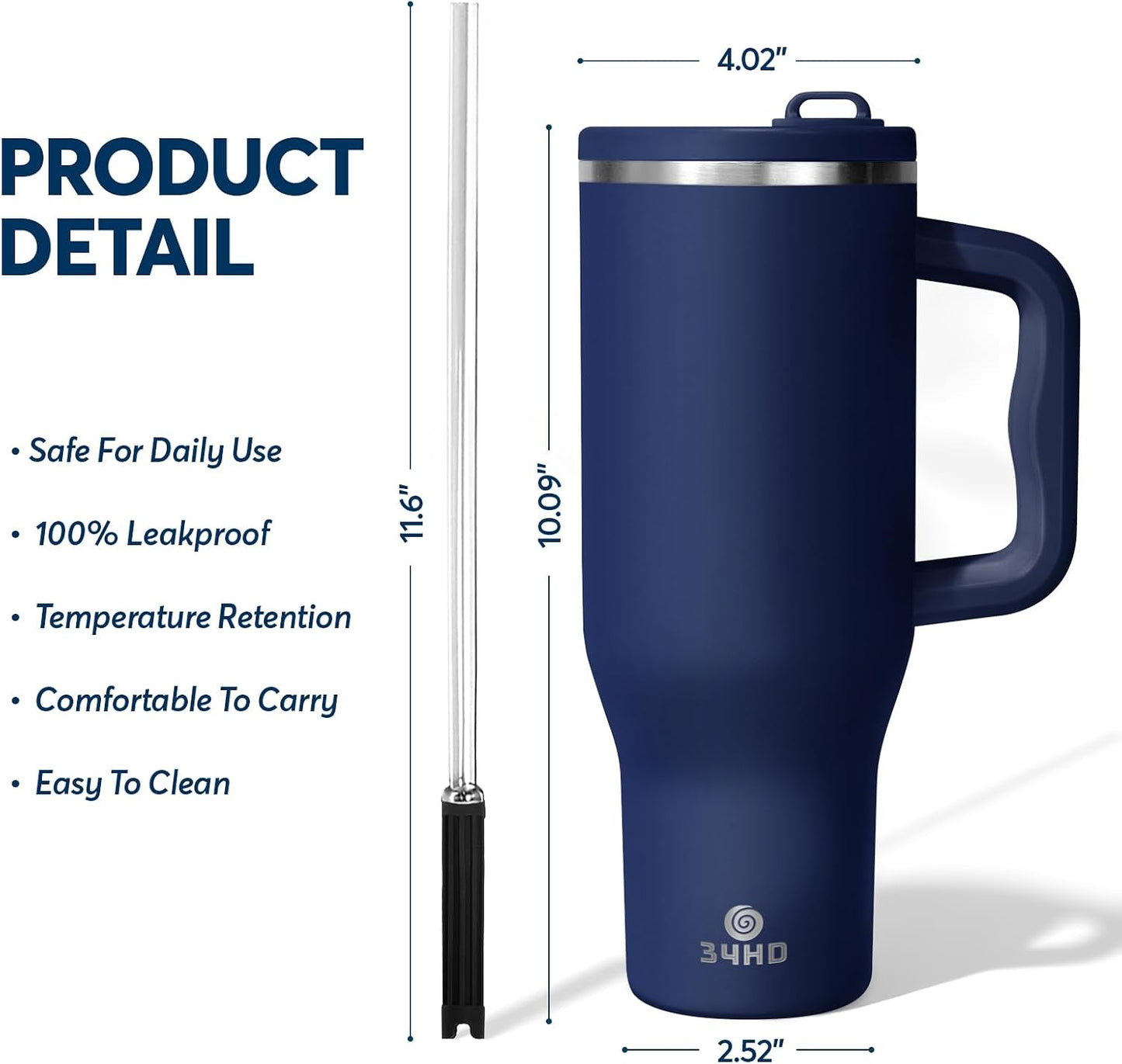 White 40oz Insulated Tumbler with Handle and Reusable Hidden Straw | Triple-wall Vacuum Insulated Stainless Steel for 48-Hour Iced, Leakproof Lid, Fits Most Car Cup Holders