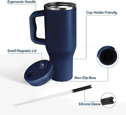 White 40oz Insulated Tumbler with Handle and Reusable Hidden Straw | Triple-wall Vacuum Insulated Stainless Steel for 48-Hour Iced, Leakproof Lid, Fits Most Car Cup Holders
