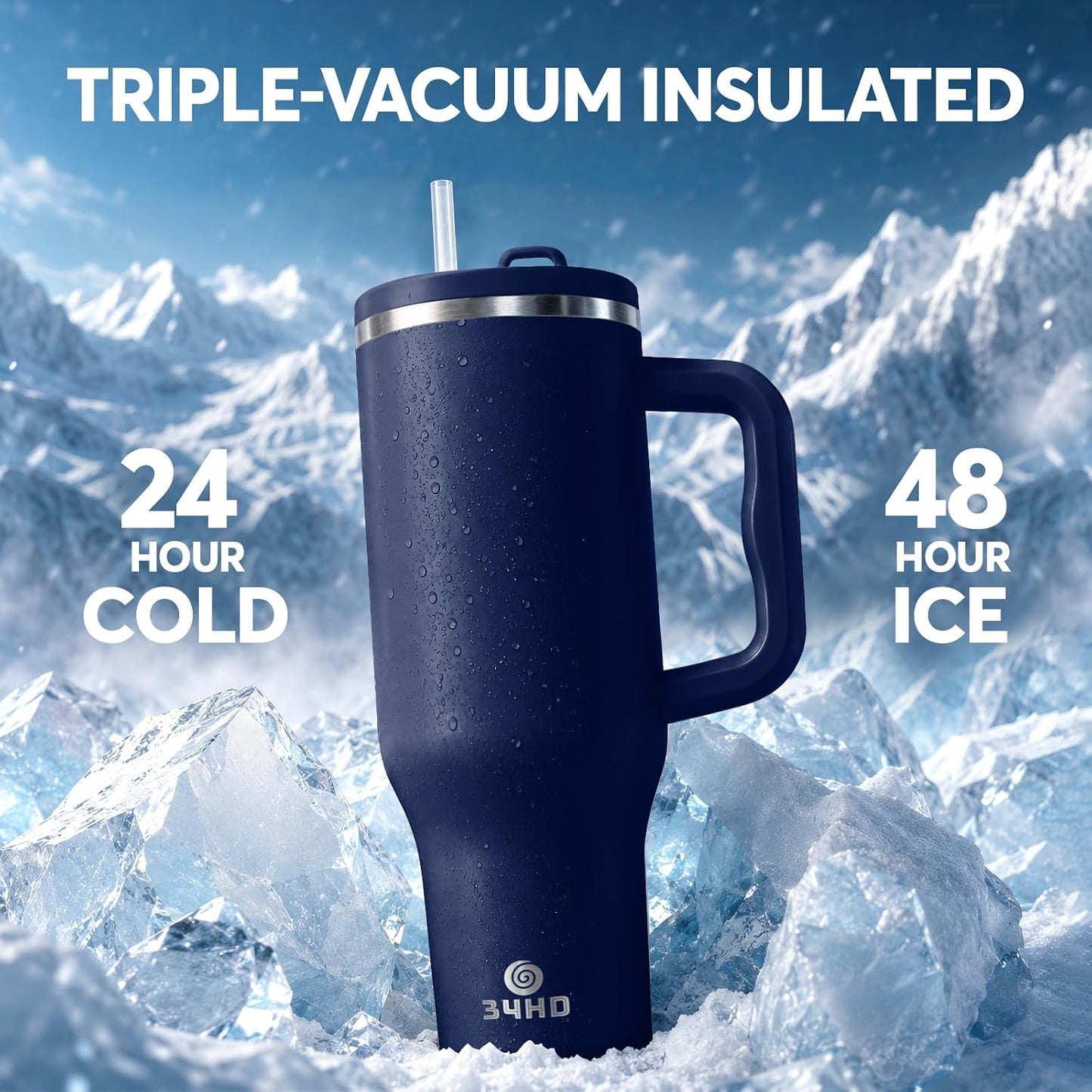 White 40oz Insulated Tumbler with Handle and Reusable Hidden Straw | Triple-wall Vacuum Insulated Stainless Steel for 48-Hour Iced, Leakproof Lid, Fits Most Car Cup Holders