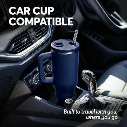 White 40oz Insulated Tumbler with Handle and Reusable Hidden Straw | Triple-wall Vacuum Insulated Stainless Steel for 48-Hour Iced, Leakproof Lid, Fits Most Car Cup Holders