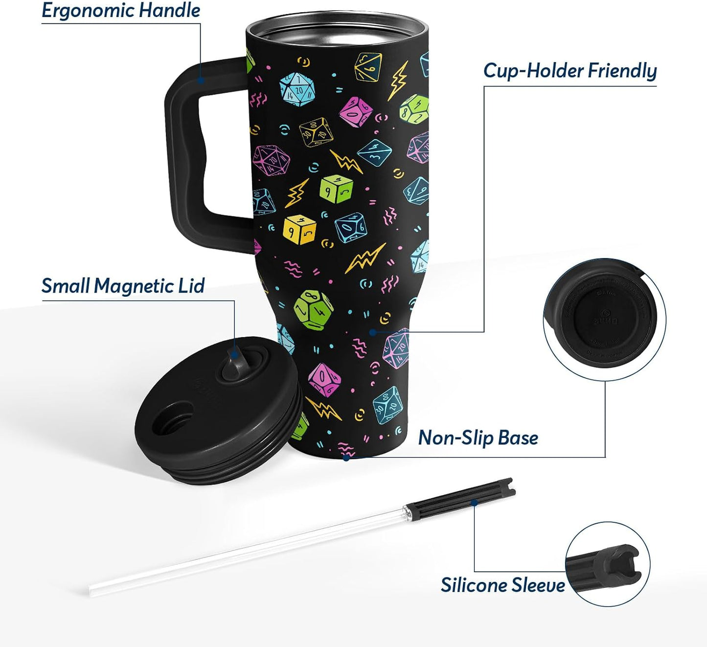 White 40oz Insulated Tumbler with Handle and Reusable Hidden Straw | Triple-wall Vacuum Insulated Stainless Steel for 48-Hour Iced, Leakproof Lid, Fits Most Car Cup Holders