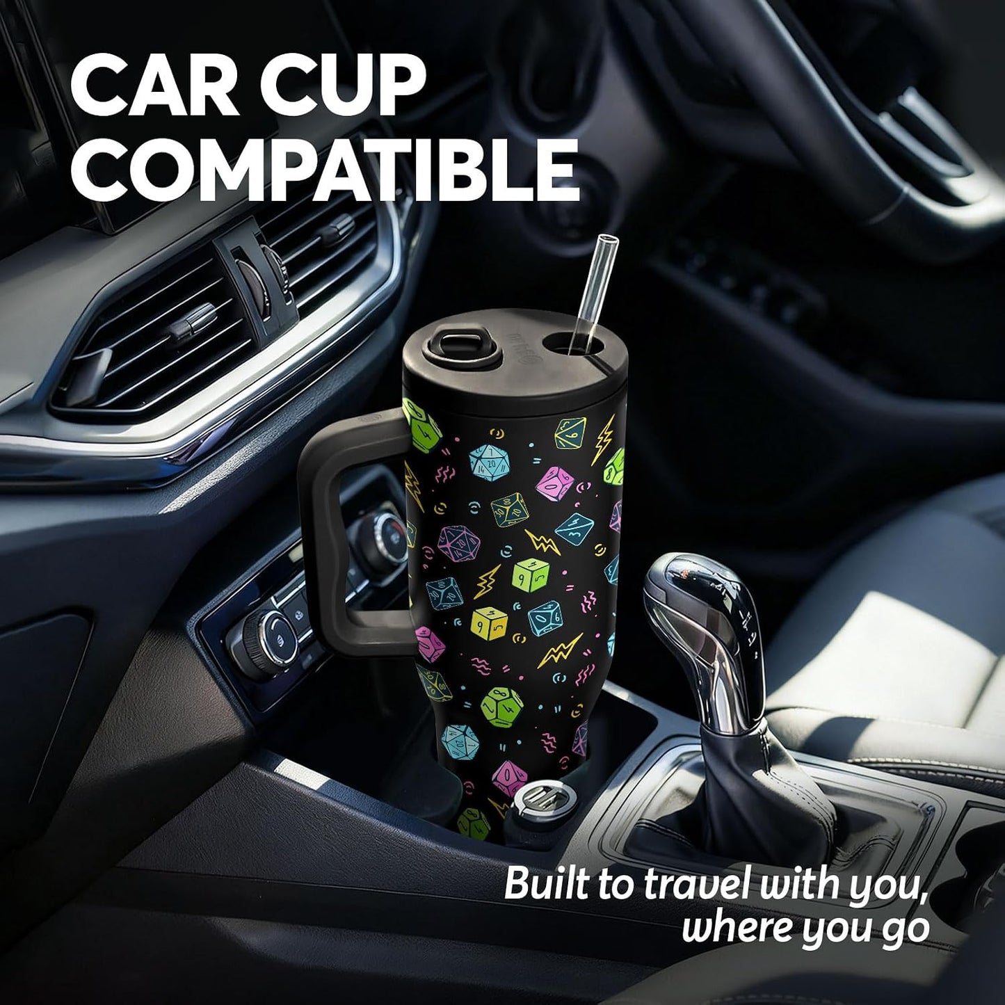 White 40oz Insulated Tumbler with Handle and Reusable Hidden Straw | Triple-wall Vacuum Insulated Stainless Steel for 48-Hour Iced, Leakproof Lid, Fits Most Car Cup Holders