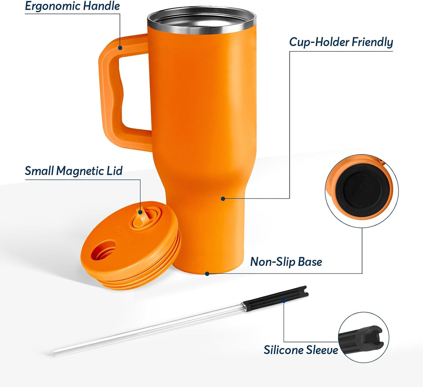 White 40oz Insulated Tumbler with Handle and Reusable Hidden Straw | Triple-wall Vacuum Insulated Stainless Steel for 48-Hour Iced, Leakproof Lid, Fits Most Car Cup Holders
