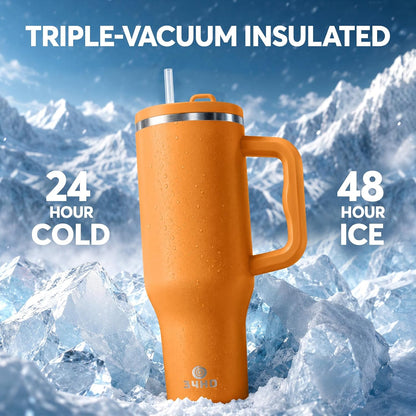 White 40oz Insulated Tumbler with Handle and Reusable Hidden Straw | Triple-wall Vacuum Insulated Stainless Steel for 48-Hour Iced, Leakproof Lid, Fits Most Car Cup Holders