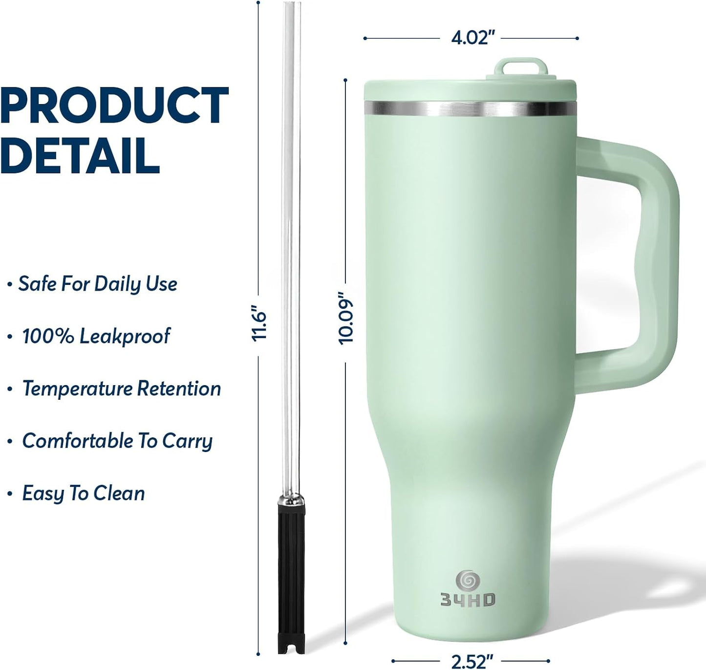 White 40oz Insulated Tumbler with Handle and Reusable Hidden Straw | Triple-wall Vacuum Insulated Stainless Steel for 48-Hour Iced, Leakproof Lid, Fits Most Car Cup Holders