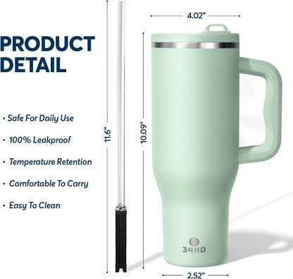 White 40oz Insulated Tumbler with Handle and Reusable Hidden Straw | Triple-wall Vacuum Insulated Stainless Steel for 48-Hour Iced, Leakproof Lid, Fits Most Car Cup Holders