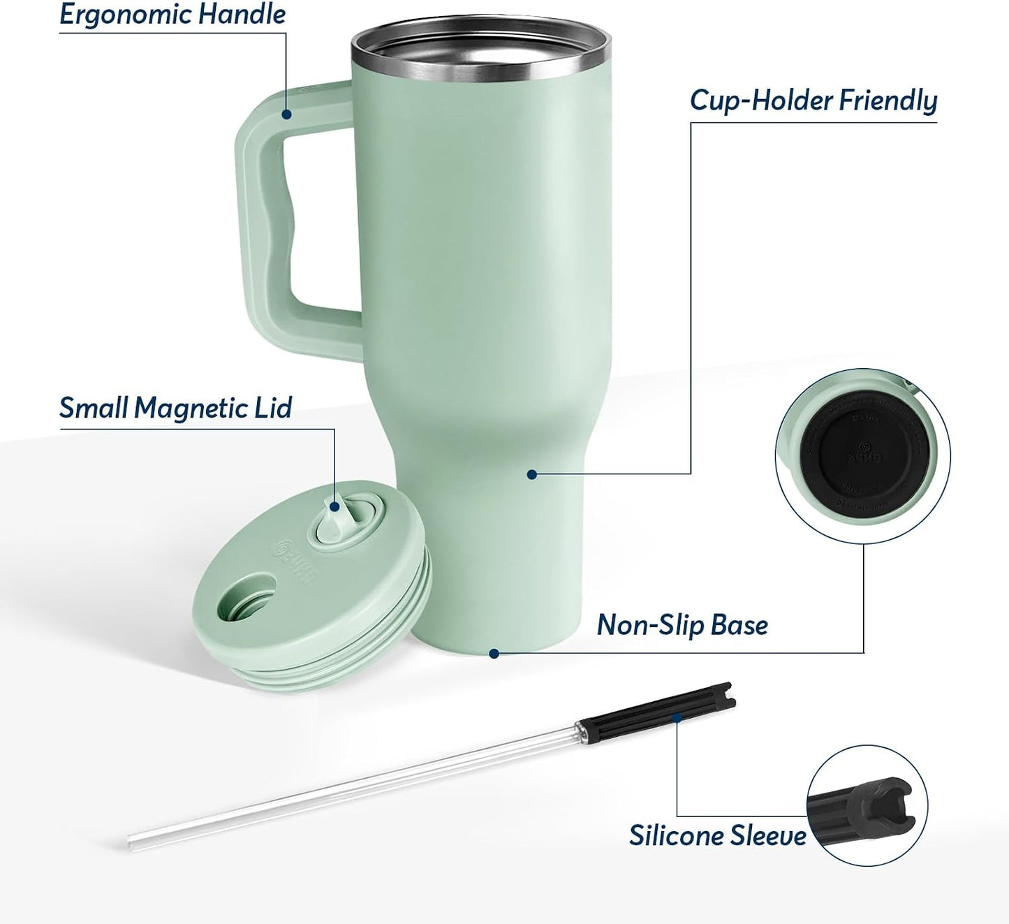 White 40oz Insulated Tumbler with Handle and Reusable Hidden Straw | Triple-wall Vacuum Insulated Stainless Steel for 48-Hour Iced, Leakproof Lid, Fits Most Car Cup Holders