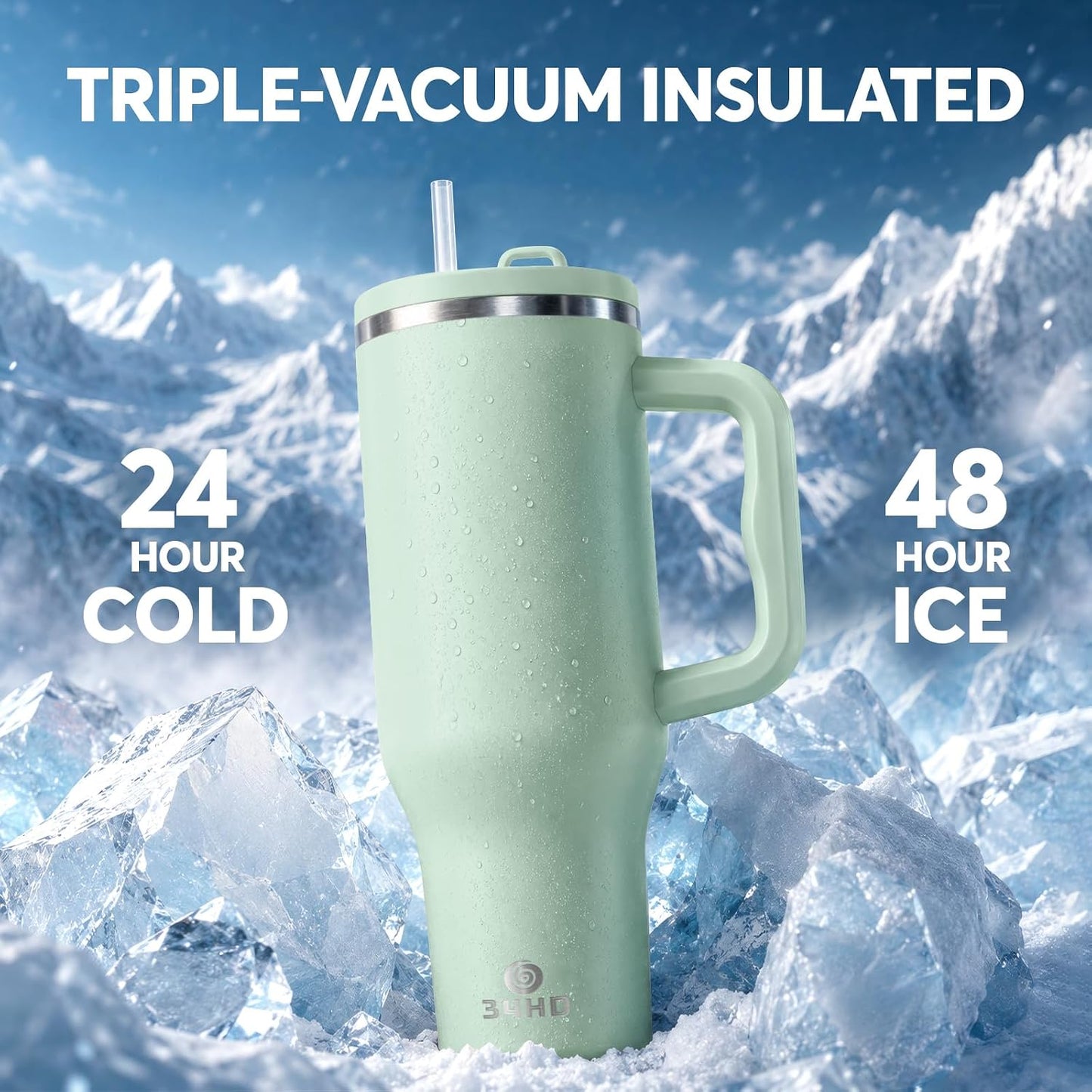 White 40oz Insulated Tumbler with Handle and Reusable Hidden Straw | Triple-wall Vacuum Insulated Stainless Steel for 48-Hour Iced, Leakproof Lid, Fits Most Car Cup Holders