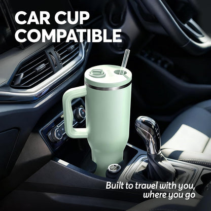 White 40oz Insulated Tumbler with Handle and Reusable Hidden Straw | Triple-wall Vacuum Insulated Stainless Steel for 48-Hour Iced, Leakproof Lid, Fits Most Car Cup Holders