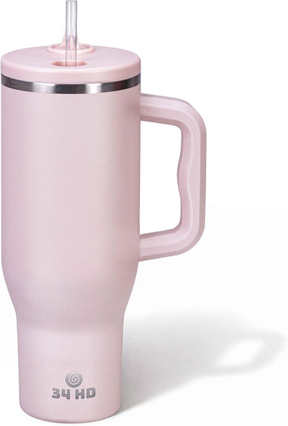 White 40oz Insulated Tumbler with Handle and Reusable Hidden Straw | Triple-wall Vacuum Insulated Stainless Steel for 48-Hour Iced, Leakproof Lid, Fits Most Car Cup Holders