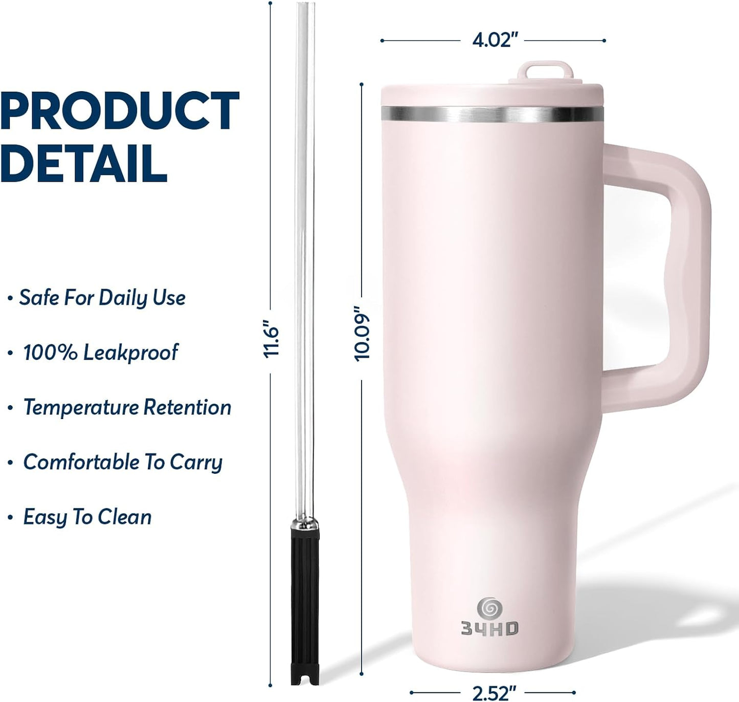 White 40oz Insulated Tumbler with Handle and Reusable Hidden Straw | Triple-wall Vacuum Insulated Stainless Steel for 48-Hour Iced, Leakproof Lid, Fits Most Car Cup Holders