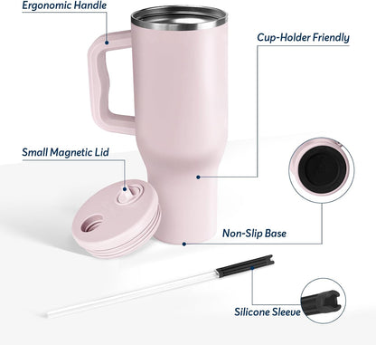 White 40oz Insulated Tumbler with Handle and Reusable Hidden Straw | Triple-wall Vacuum Insulated Stainless Steel for 48-Hour Iced, Leakproof Lid, Fits Most Car Cup Holders