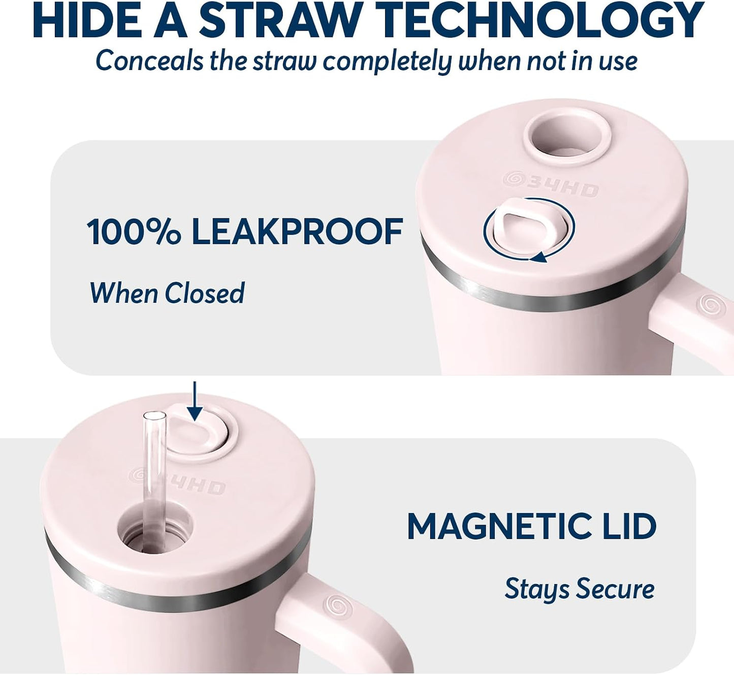 White 40oz Insulated Tumbler with Handle and Reusable Hidden Straw | Triple-wall Vacuum Insulated Stainless Steel for 48-Hour Iced, Leakproof Lid, Fits Most Car Cup Holders