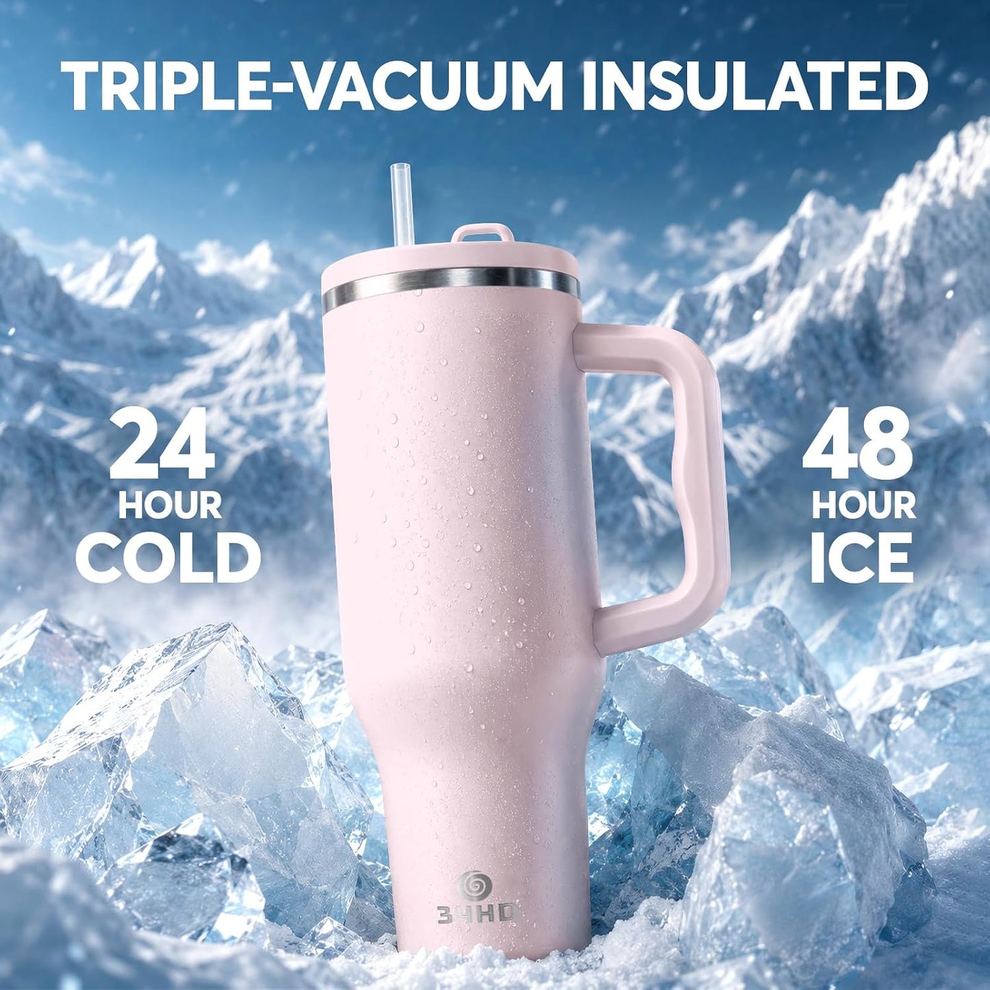 White 40oz Insulated Tumbler with Handle and Reusable Hidden Straw | Triple-wall Vacuum Insulated Stainless Steel for 48-Hour Iced, Leakproof Lid, Fits Most Car Cup Holders