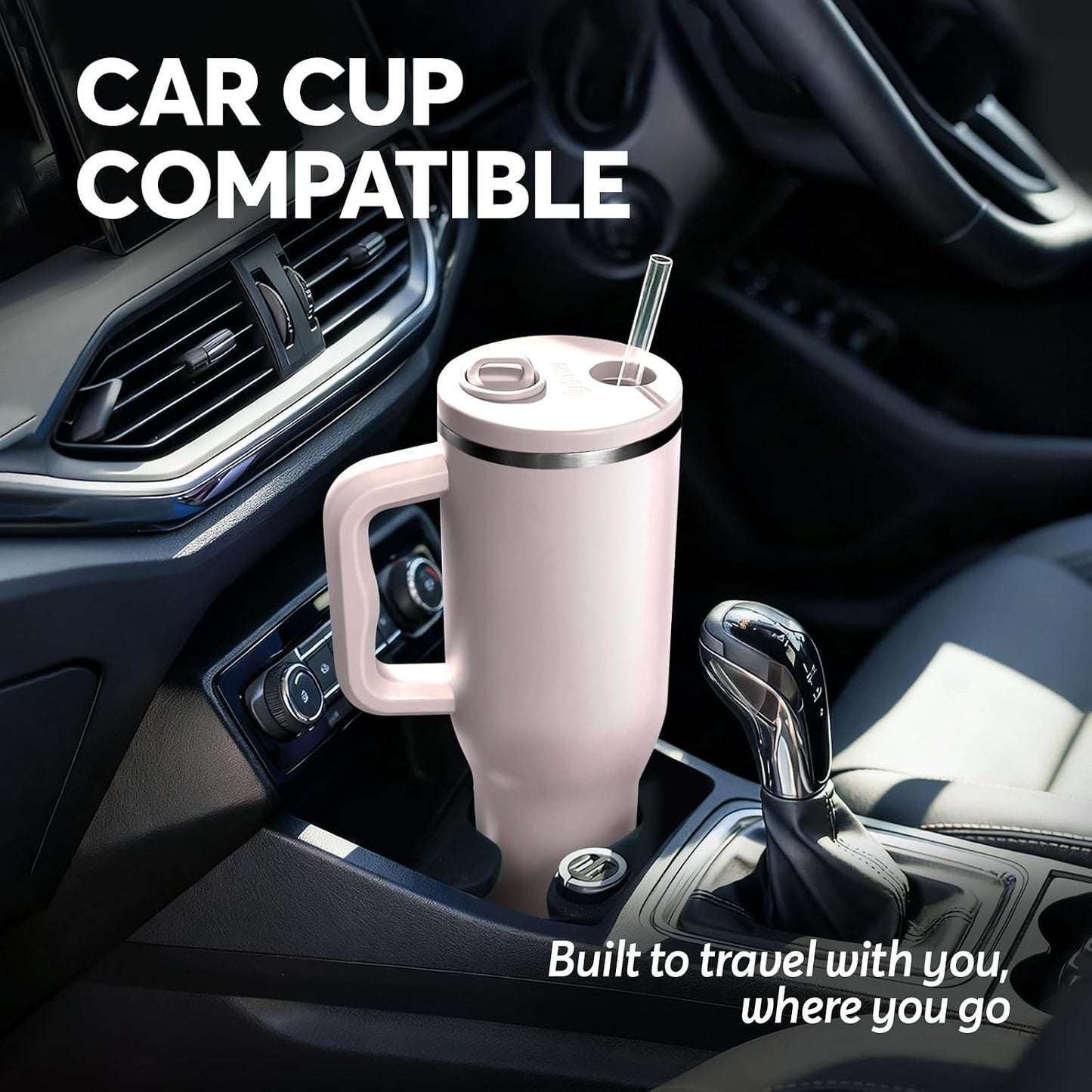 White 40oz Insulated Tumbler with Handle and Reusable Hidden Straw | Triple-wall Vacuum Insulated Stainless Steel for 48-Hour Iced, Leakproof Lid, Fits Most Car Cup Holders