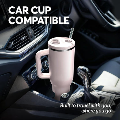 White 40oz Insulated Tumbler with Handle and Reusable Hidden Straw | Triple-wall Vacuum Insulated Stainless Steel for 48-Hour Iced, Leakproof Lid, Fits Most Car Cup Holders