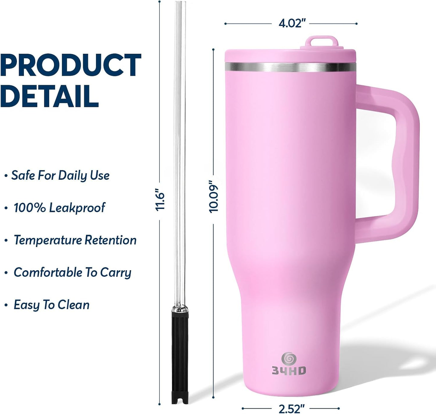 White 40oz Insulated Tumbler with Handle and Reusable Hidden Straw | Triple-wall Vacuum Insulated Stainless Steel for 48-Hour Iced, Leakproof Lid, Fits Most Car Cup Holders