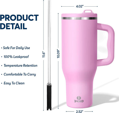 White 40oz Insulated Tumbler with Handle and Reusable Hidden Straw | Triple-wall Vacuum Insulated Stainless Steel for 48-Hour Iced, Leakproof Lid, Fits Most Car Cup Holders