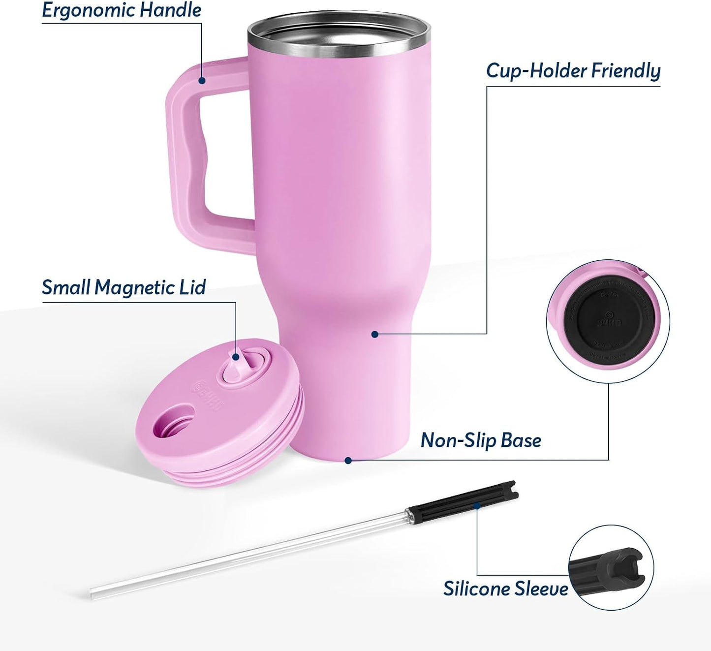 White 40oz Insulated Tumbler with Handle and Reusable Hidden Straw | Triple-wall Vacuum Insulated Stainless Steel for 48-Hour Iced, Leakproof Lid, Fits Most Car Cup Holders