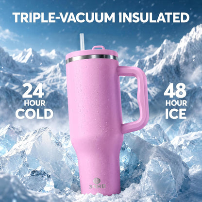White 40oz Insulated Tumbler with Handle and Reusable Hidden Straw | Triple-wall Vacuum Insulated Stainless Steel for 48-Hour Iced, Leakproof Lid, Fits Most Car Cup Holders
