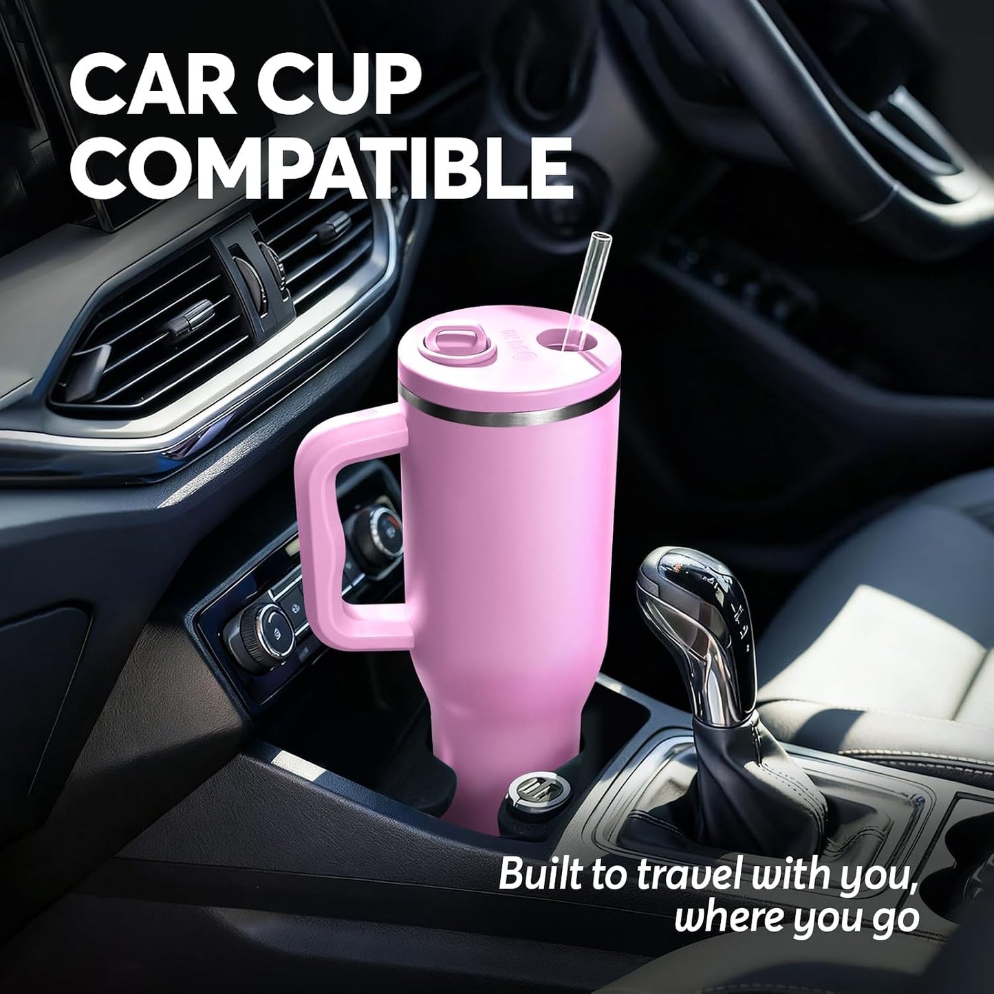 White 40oz Insulated Tumbler with Handle and Reusable Hidden Straw | Triple-wall Vacuum Insulated Stainless Steel for 48-Hour Iced, Leakproof Lid, Fits Most Car Cup Holders
