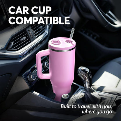 White 40oz Insulated Tumbler with Handle and Reusable Hidden Straw | Triple-wall Vacuum Insulated Stainless Steel for 48-Hour Iced, Leakproof Lid, Fits Most Car Cup Holders
