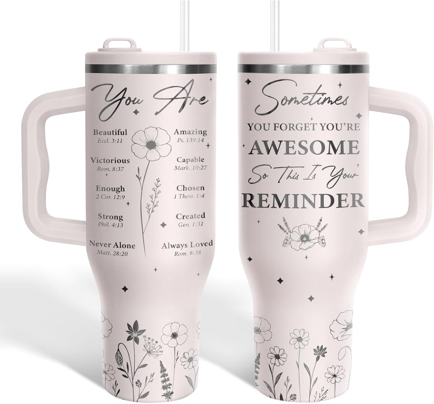 White 40oz Insulated Tumbler with Handle and Reusable Hidden Straw | Triple-wall Vacuum Insulated Stainless Steel for 48-Hour Iced, Leakproof Lid, Fits Most Car Cup Holders