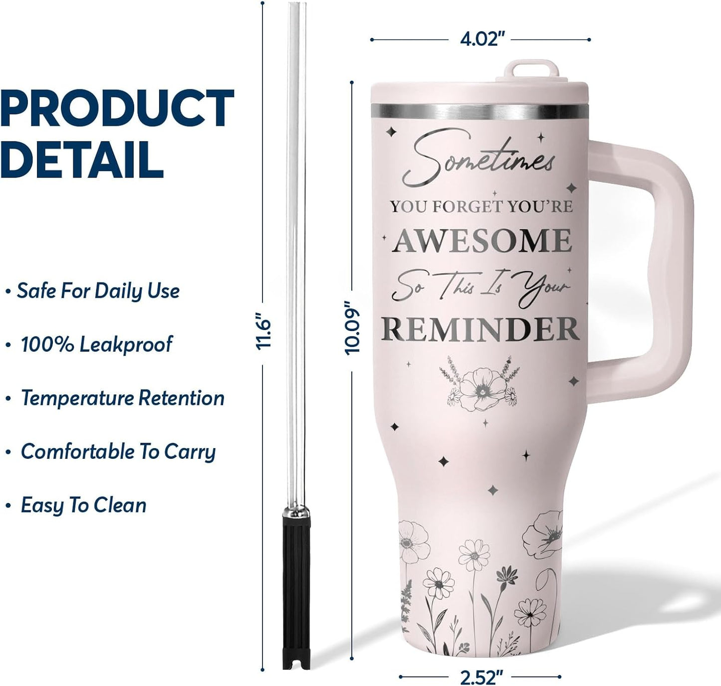 White 40oz Insulated Tumbler with Handle and Reusable Hidden Straw | Triple-wall Vacuum Insulated Stainless Steel for 48-Hour Iced, Leakproof Lid, Fits Most Car Cup Holders