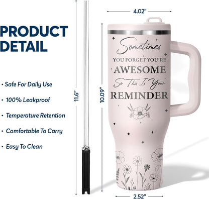 White 40oz Insulated Tumbler with Handle and Reusable Hidden Straw | Triple-wall Vacuum Insulated Stainless Steel for 48-Hour Iced, Leakproof Lid, Fits Most Car Cup Holders