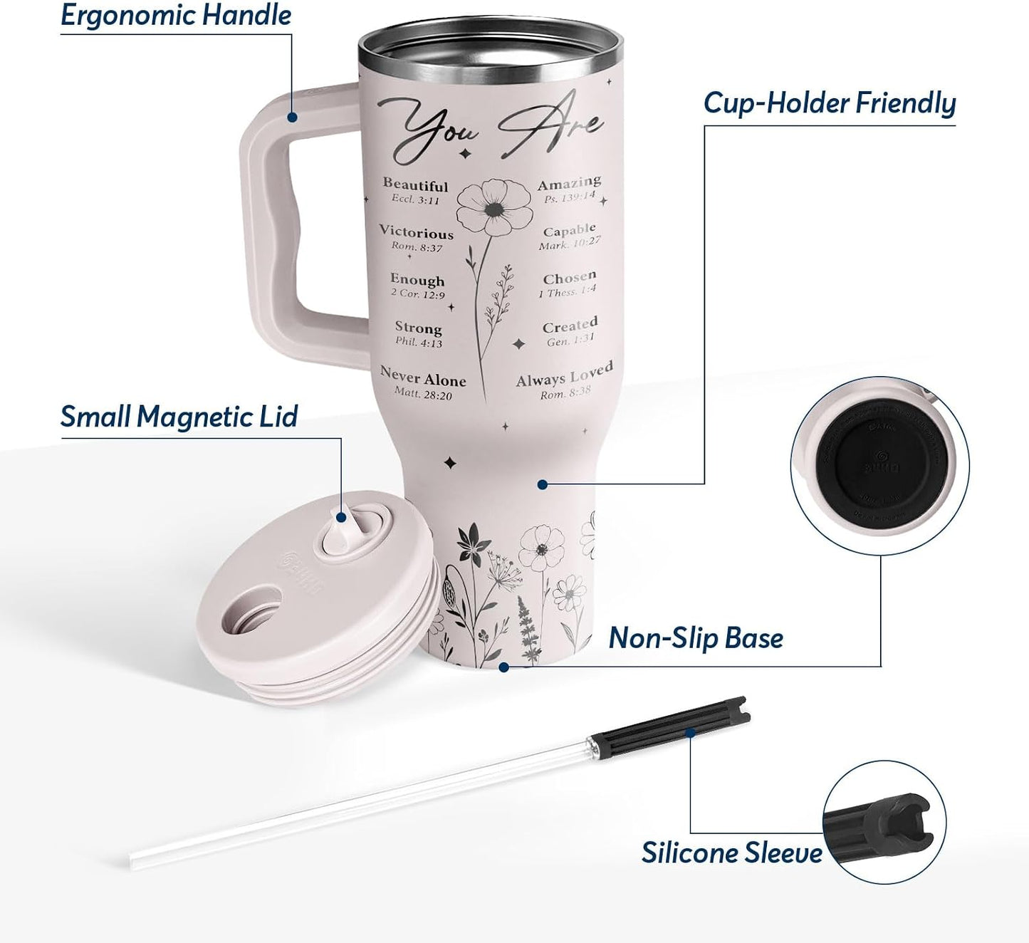White 40oz Insulated Tumbler with Handle and Reusable Hidden Straw | Triple-wall Vacuum Insulated Stainless Steel for 48-Hour Iced, Leakproof Lid, Fits Most Car Cup Holders
