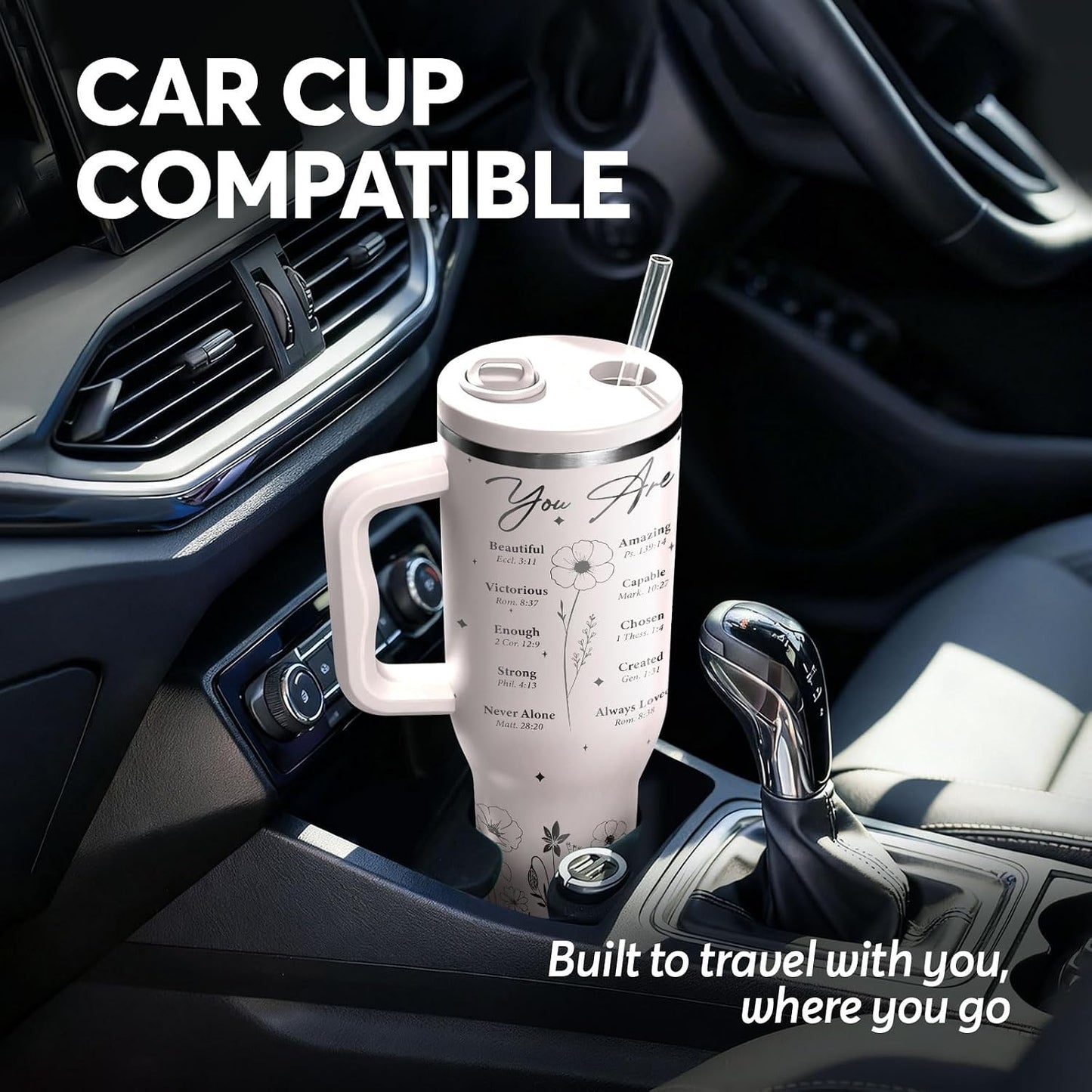 White 40oz Insulated Tumbler with Handle and Reusable Hidden Straw | Triple-wall Vacuum Insulated Stainless Steel for 48-Hour Iced, Leakproof Lid, Fits Most Car Cup Holders