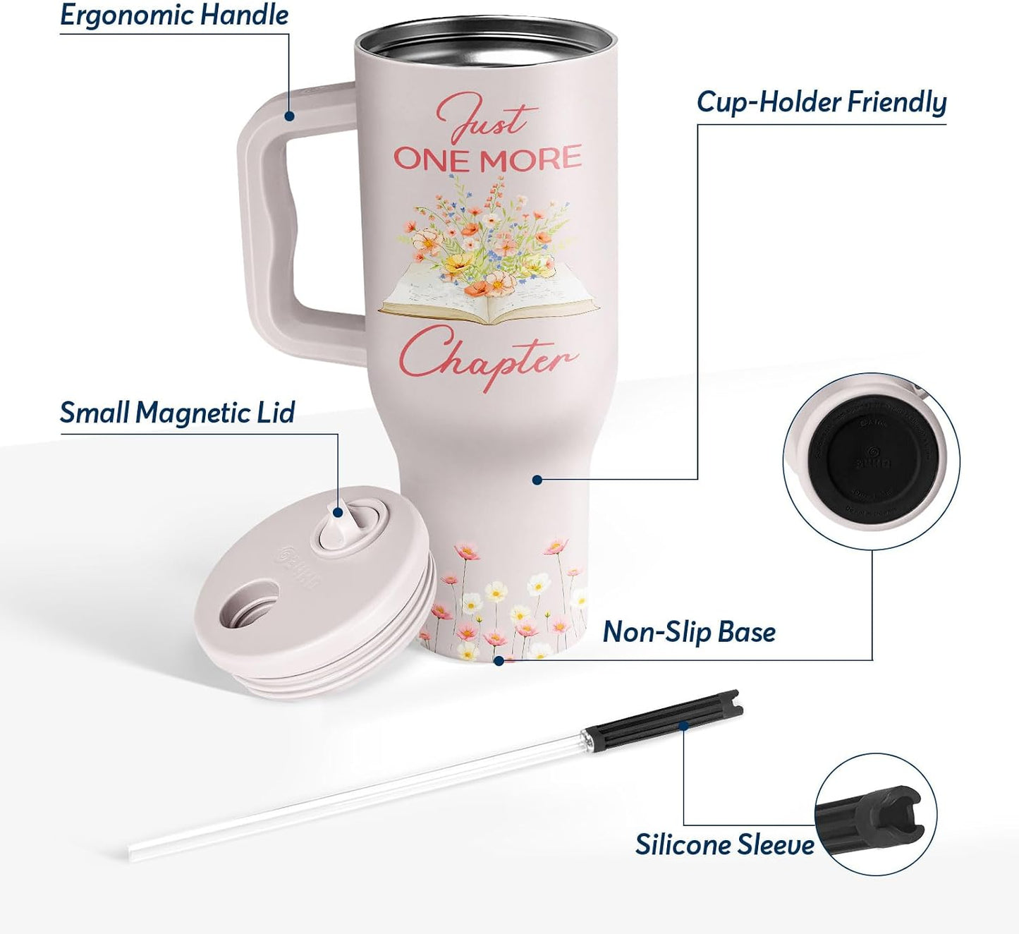 White 40oz Insulated Tumbler with Handle and Reusable Hidden Straw | Triple-wall Vacuum Insulated Stainless Steel for 48-Hour Iced, Leakproof Lid, Fits Most Car Cup Holders