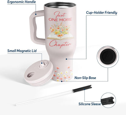 White 40oz Insulated Tumbler with Handle and Reusable Hidden Straw | Triple-wall Vacuum Insulated Stainless Steel for 48-Hour Iced, Leakproof Lid, Fits Most Car Cup Holders