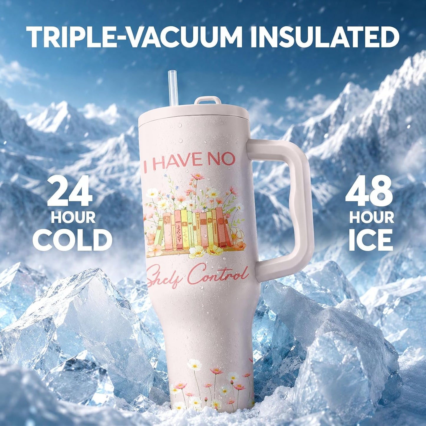 White 40oz Insulated Tumbler with Handle and Reusable Hidden Straw | Triple-wall Vacuum Insulated Stainless Steel for 48-Hour Iced, Leakproof Lid, Fits Most Car Cup Holders