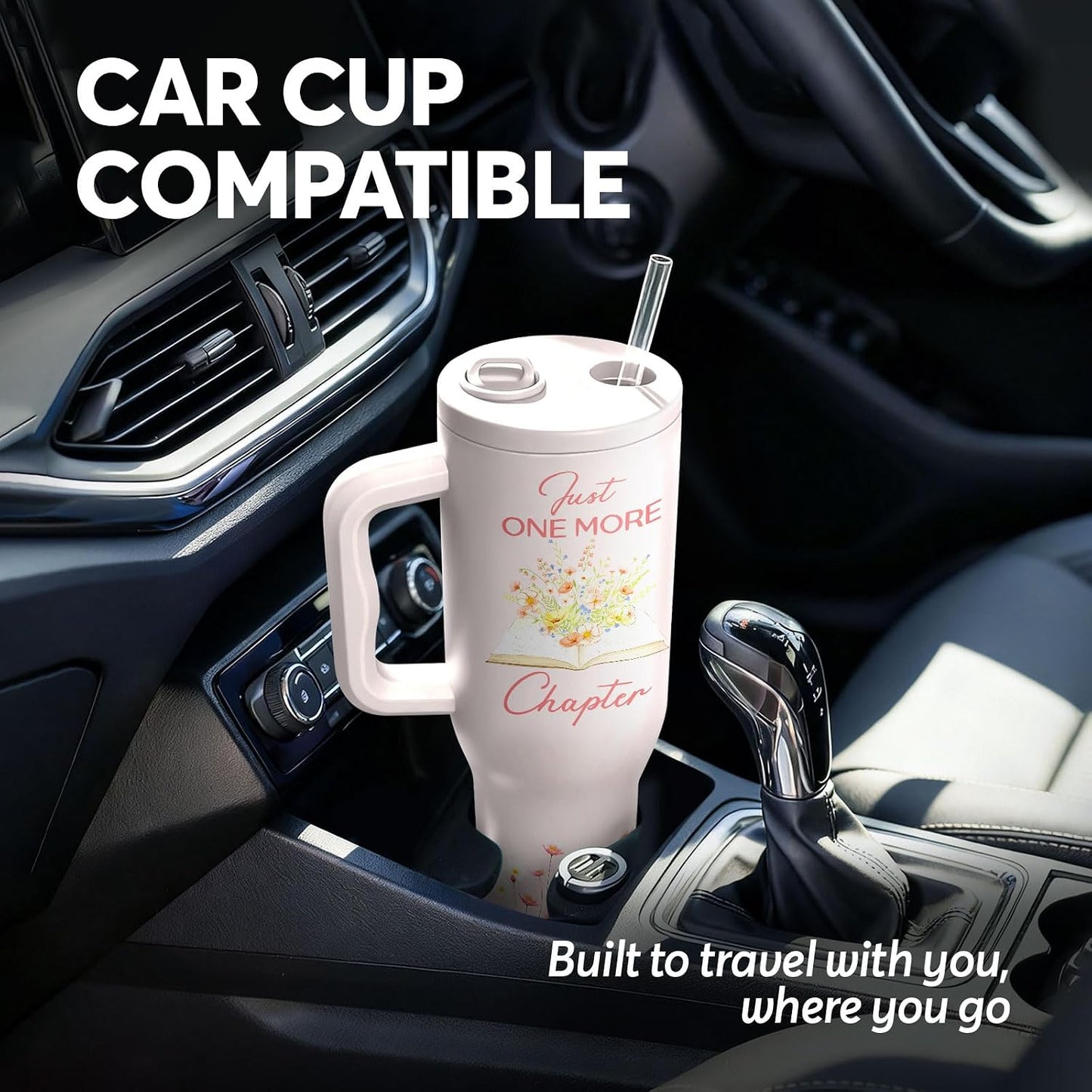 White 40oz Insulated Tumbler with Handle and Reusable Hidden Straw | Triple-wall Vacuum Insulated Stainless Steel for 48-Hour Iced, Leakproof Lid, Fits Most Car Cup Holders