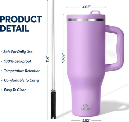 White 40oz Insulated Tumbler with Handle and Reusable Hidden Straw | Triple-wall Vacuum Insulated Stainless Steel for 48-Hour Iced, Leakproof Lid, Fits Most Car Cup Holders